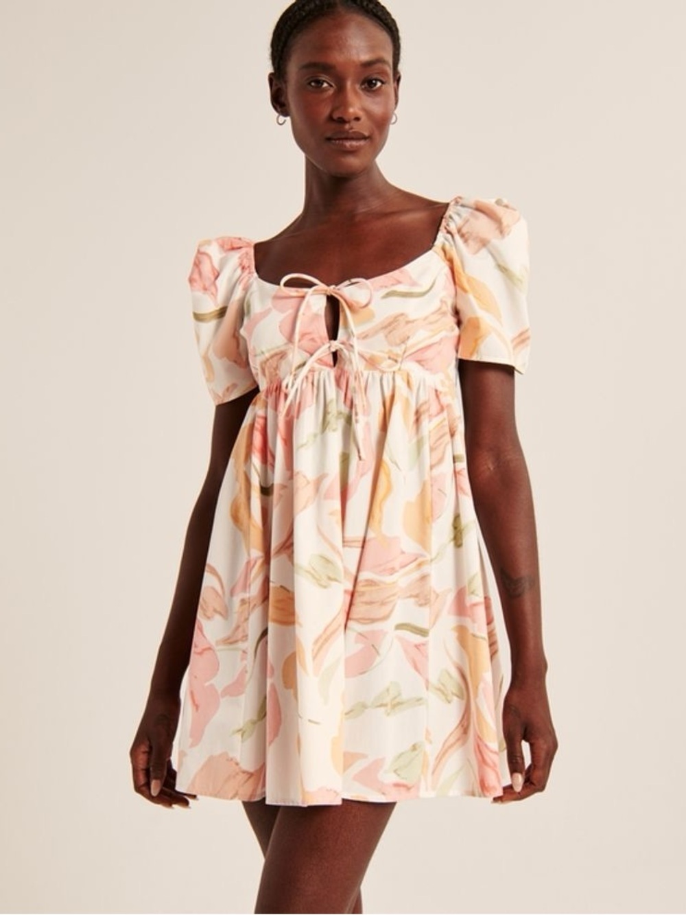 Abercrombie & Fitch Cotton Poplin Tie-Front Puff Sleeve Mini Babydoll Dress